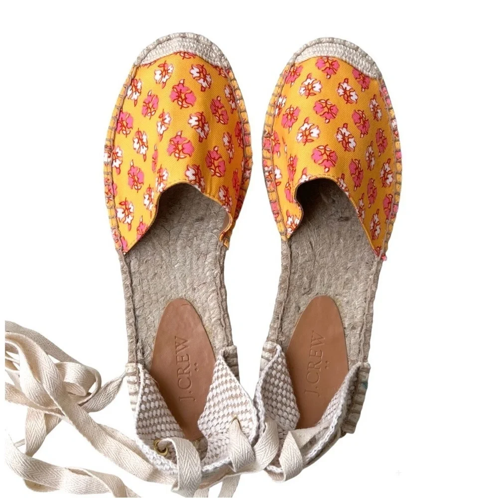 J. Crew Printed Lace Up D'orsay Espadrille Sandals Orange Block Floral Women’s 8